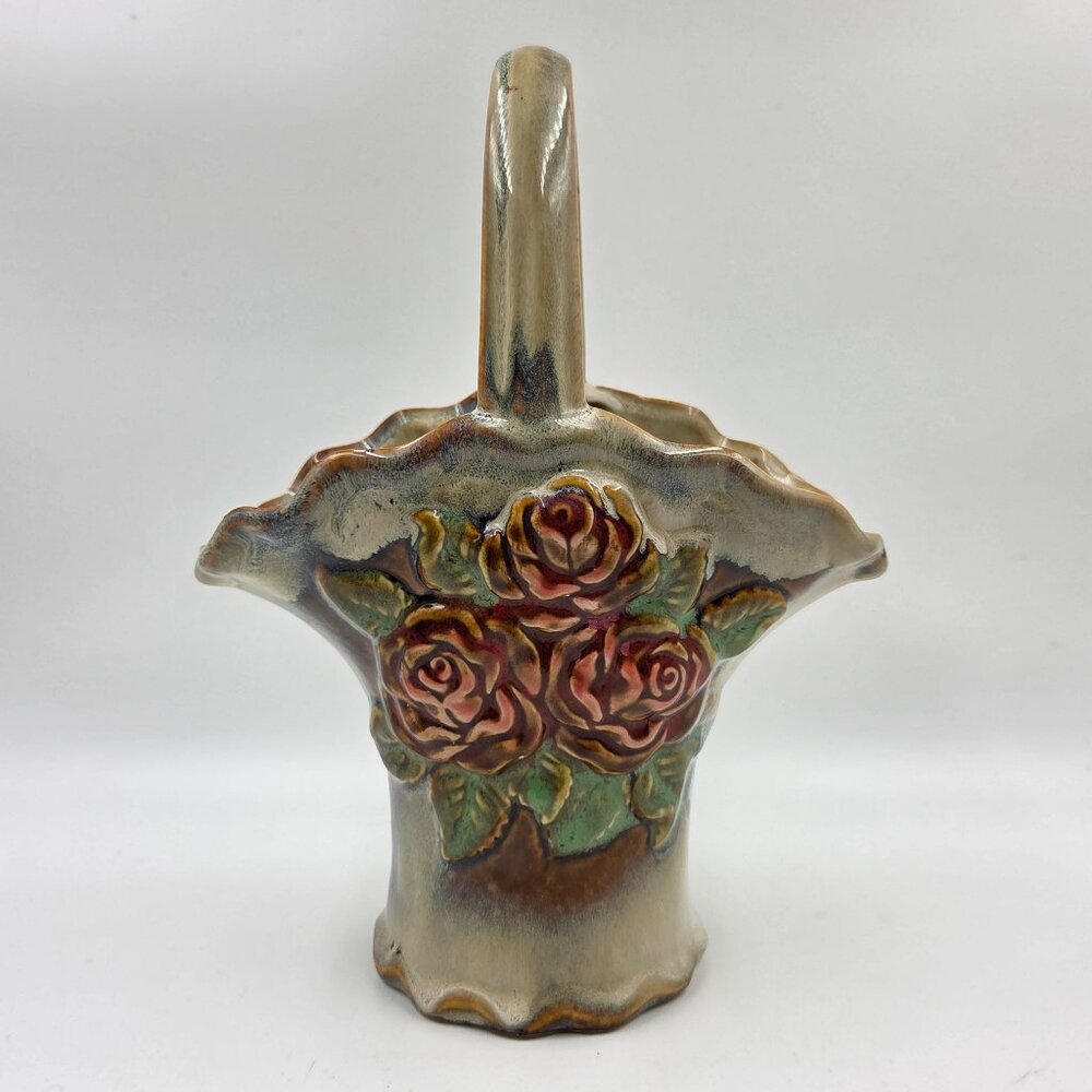 Vintage Multicolor Ceramic Rose Basket Vase Handled Mid-Century Floral Decor